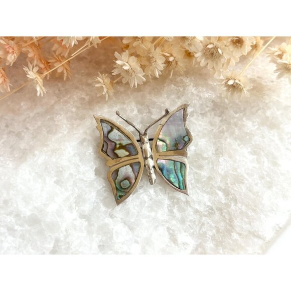 Butterfly Shaped Mexican Made Abalone Shell Inlay Vintage Sterling Silver Brooch - Picture 8 of 10